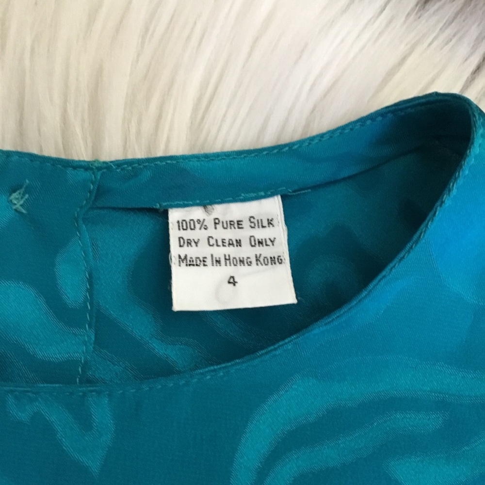 Vintage Turquoise Floral 100% Pure Silk Long Sleeve Top Size 4 - Picture 9 of 9